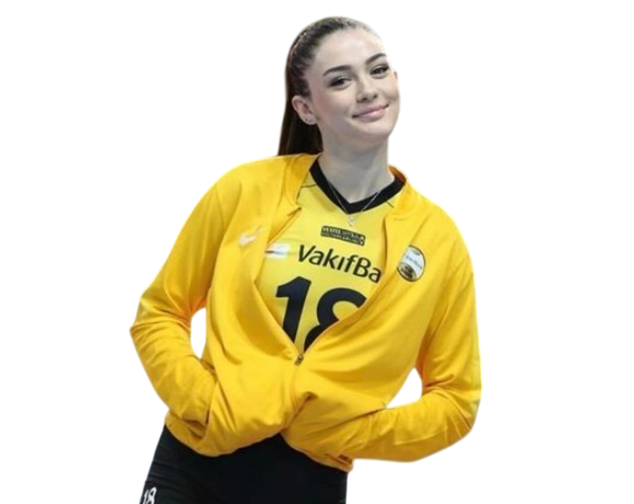 Zehra Gunes VakifBank yellow jacket smiling pose transparent PNG WebP