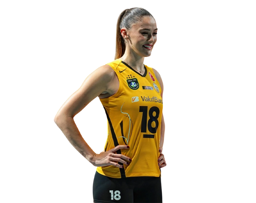 Zehra Gunes VakifBank yellow jersey hands on hips transparent PNG.